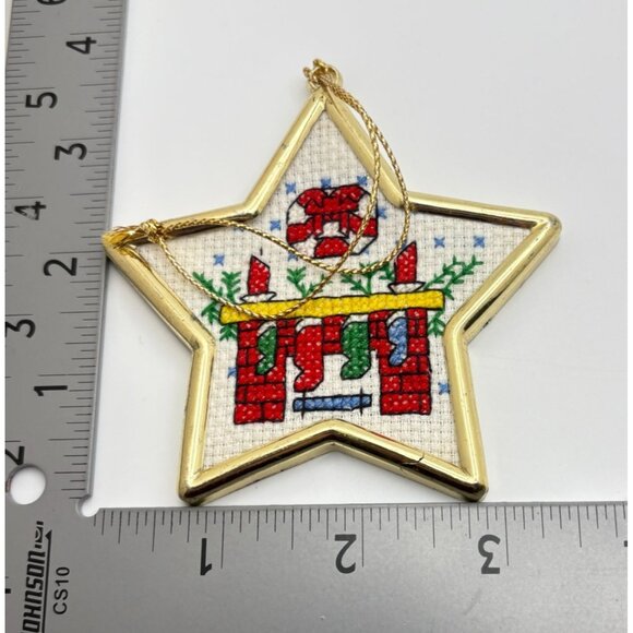 Vintage Cross Stitch Christmas Eve Tree Ornament Star Shaped Gold Tone Stockings - Picture 2 of 7